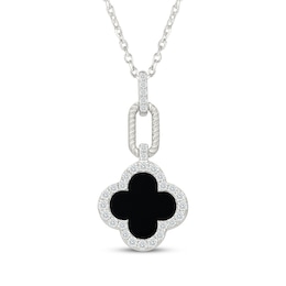 Black Onyx & White Lab-Created Sapphire Clover Drop Necklace Sterling Silver 18"