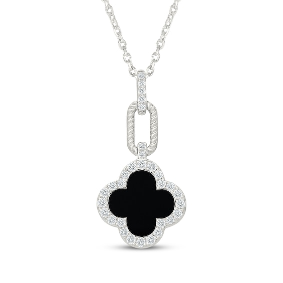 Black Onyx & White Lab-Created Sapphire Clover Drop Necklace Sterling Silver 18"