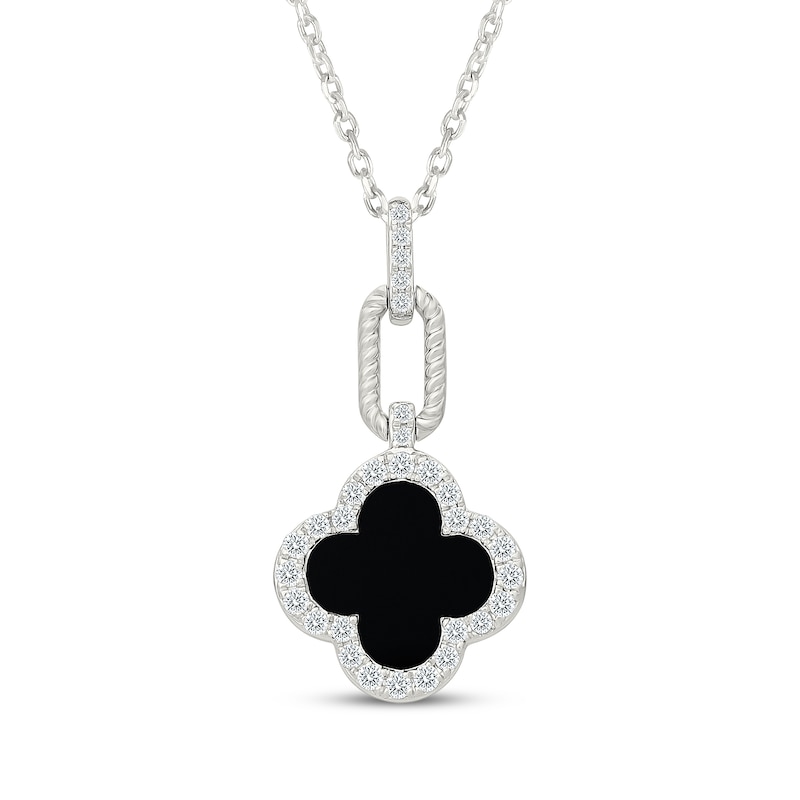 Main Image 1 of Black Onyx & White Lab-Created Sapphire Clover Drop Necklace Sterling Silver 18"