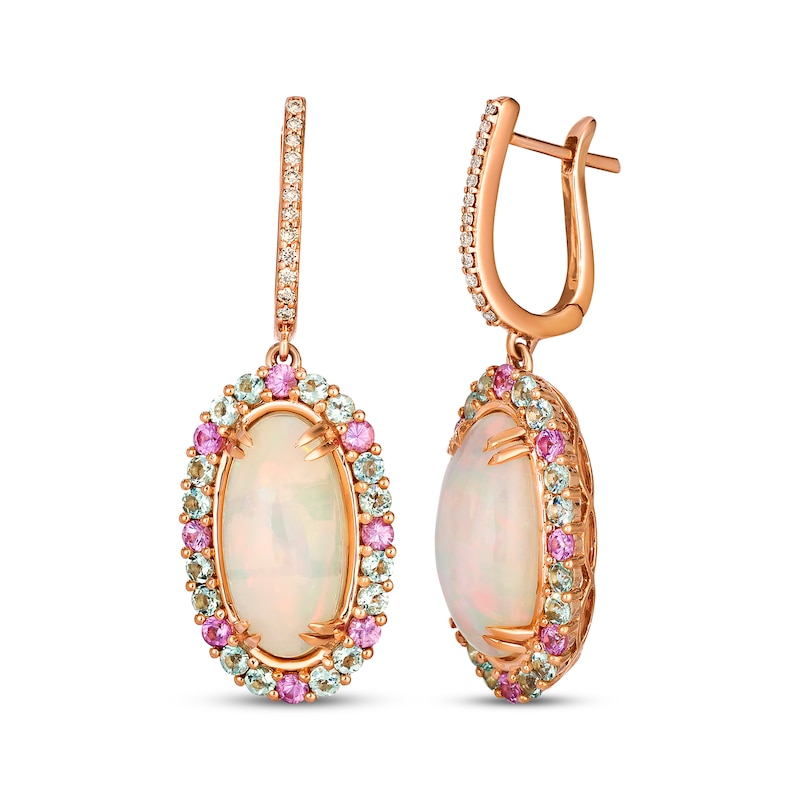 Main Image 1 of Le Vian Vault Oval-Cut Opal, Pink Sapphire & Green Beryl Dangle Hoop Earrings 1/8 ct tw Diamonds 14K Strawberry Gold