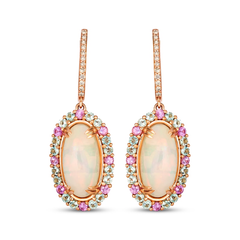 Main Image 2 of Le Vian Vault Oval-Cut Opal, Pink Sapphire & Green Beryl Dangle Hoop Earrings 1/8 ct tw Diamonds 14K Strawberry Gold