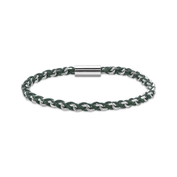 Men's Green Leather Woven Chain Link Bracelet Sterling Silver 8.5"
