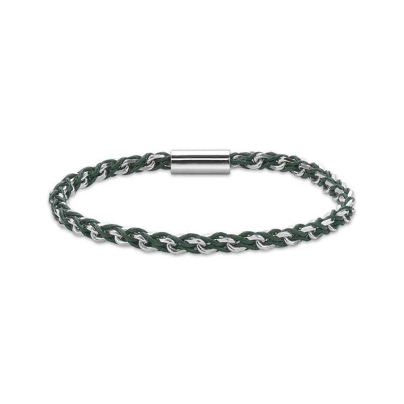 Main Image 1 of Men's Green Leather Woven Chain Link Bracelet Sterling Silver 8.5"