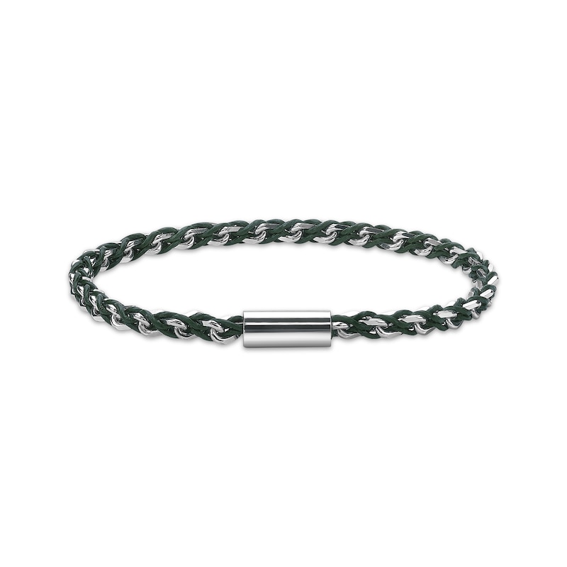 Main Image 2 of Men's Green Leather Woven Chain Link Bracelet Sterling Silver 8.5"