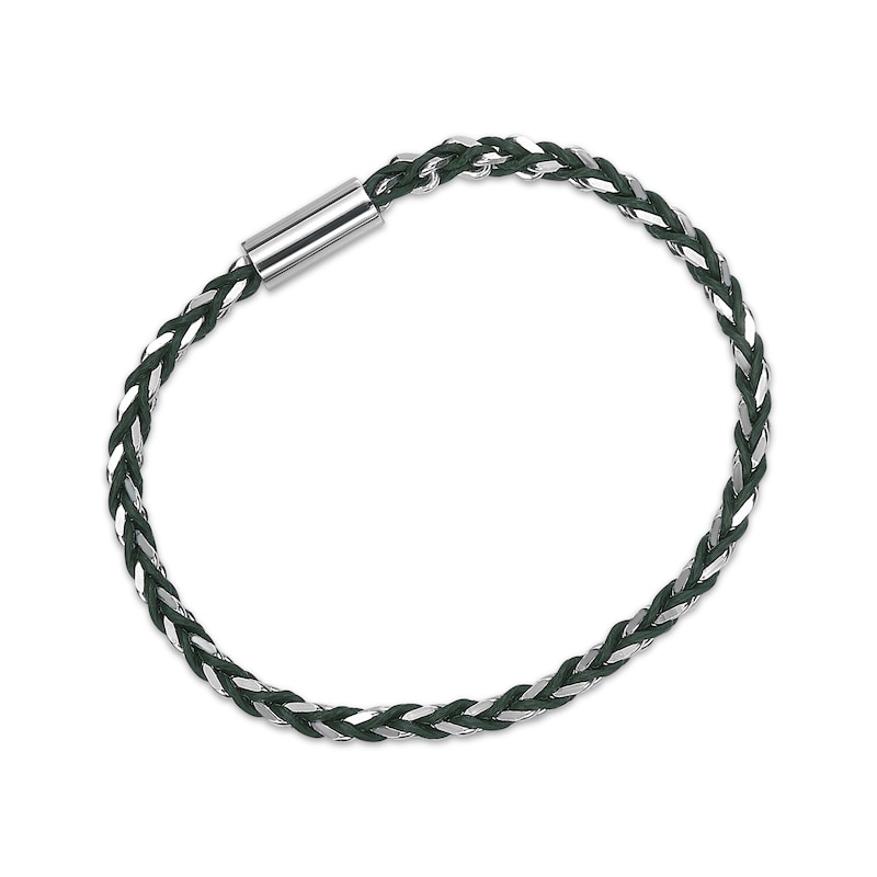 Main Image 3 of Men's Green Leather Woven Chain Link Bracelet Sterling Silver 8.5"