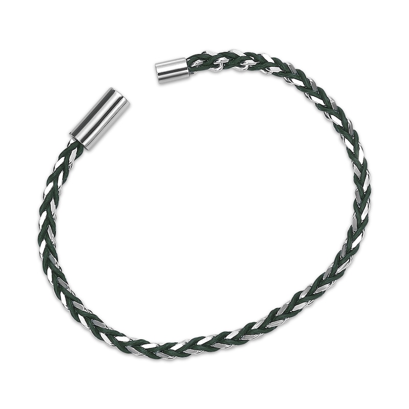 Main Image 4 of Men's Green Leather Woven Chain Link Bracelet Sterling Silver 8.5"