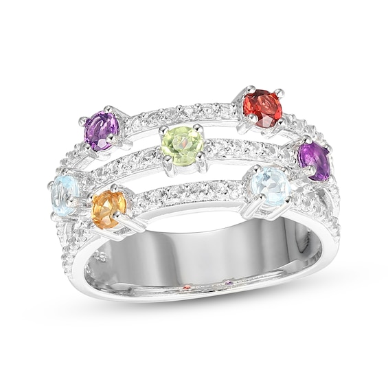 Peridot, Garnet, Citrine, Amethyst, Sky Blue Topaz & White Lab-Created Sapphire Three-Row Ring Sterling Silver