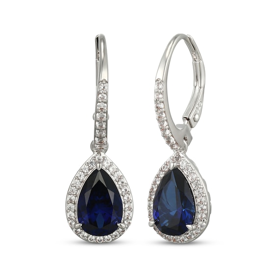 Pear-Shaped Blue Lab-Created Sapphire & White Lab-Created Sapphire Halo Drop Earrings Sterling Silver