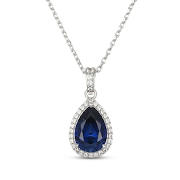Pear-Shaped Blue Lab-Created Sapphire & White Lab-Created Sapphire Halo Drop Necklace Sterling Silver 18"