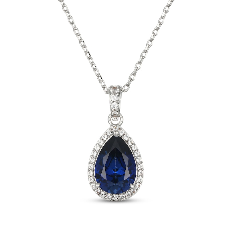 Main Image 1 of Pear-Shaped Blue Lab-Created Sapphire & White Lab-Created Sapphire Halo Drop Necklace Sterling Silver 18"