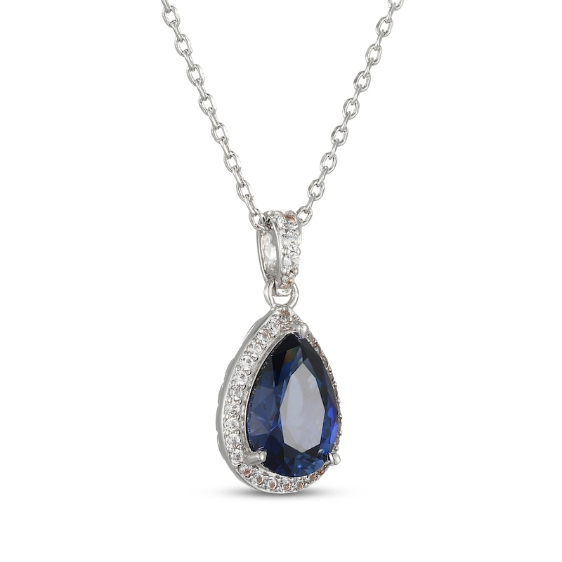 Main Image 2 of Pear-Shaped Blue Lab-Created Sapphire & White Lab-Created Sapphire Halo Drop Necklace Sterling Silver 18"