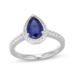 Pear-Shaped Blue Lab-Created Sapphire & White Lab-Created Sapphire Halo Ring Sterling Silver