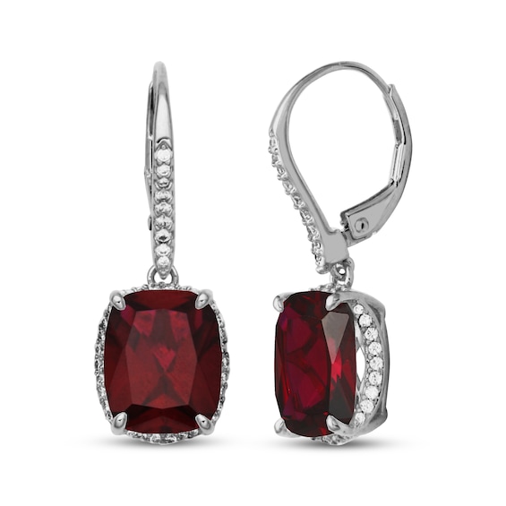 Cushion-Cut Lab-Created Ruby & White Lab-Created Sapphire Curved Halo Drop Earrings Sterling Silver