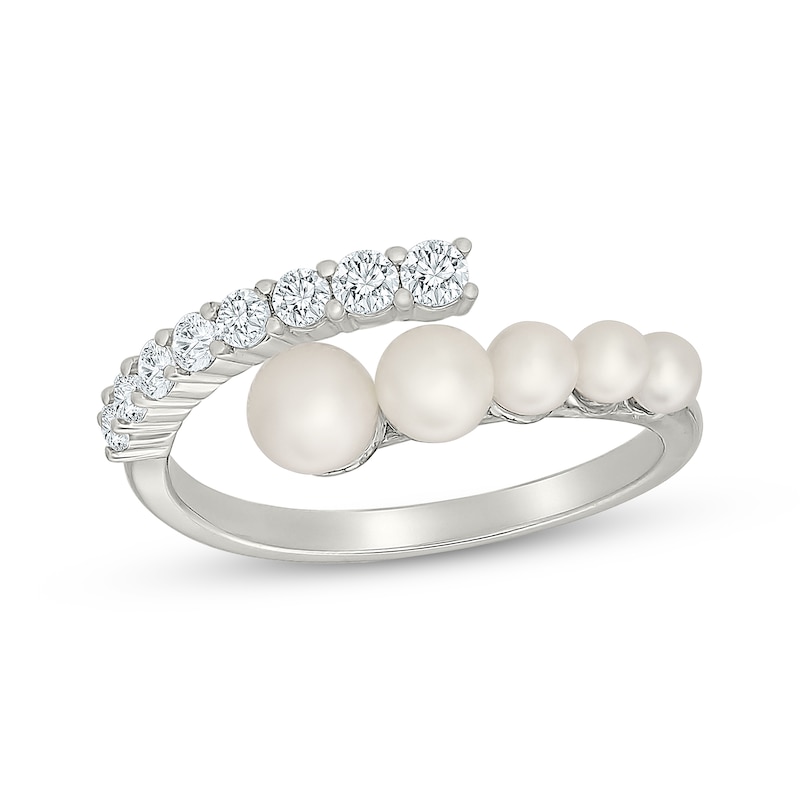 Main Image 1 of Cultured Pearl & White Lab-Created Sapphire Deconstructed Bypass Ring Sterling Silver