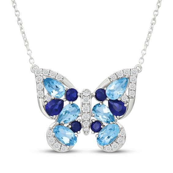 Swiss Blue Topaz and Blue & White Lab-Created Sapphire Butterfly Necklace Sterling Silver 18"
