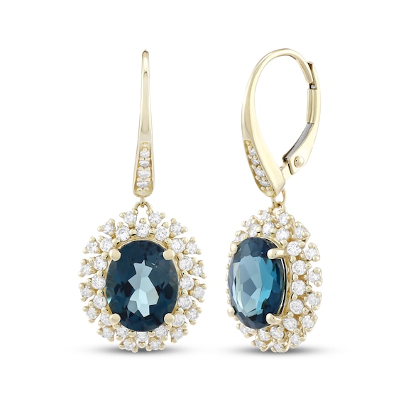 KAY Lab-Grown Diamonds Oval-Cut Natural London Blue Topaz Halo Dangle Earrings 3/4 ct tw 10K Yellow Gold