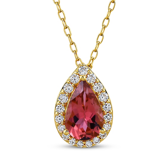 KAY Lab-Grown Diamonds & Pear-Shaped Natural Pink Tourmaline Halo Necklace 1/6 ct tw 10K Yellow Gold 18"