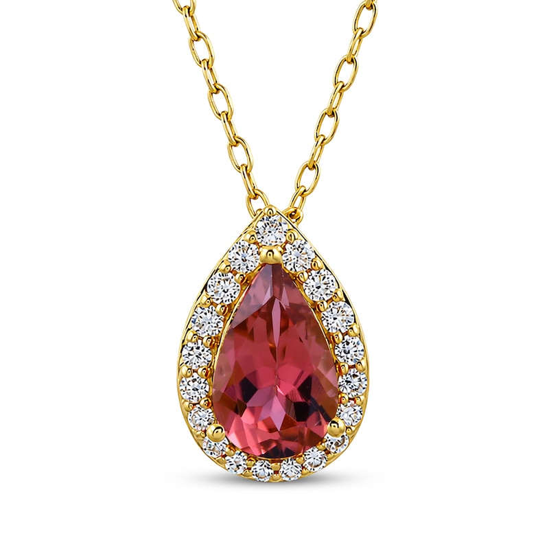 Main Image 1 of KAY Lab-Grown Diamonds & Pear-Shaped Natural Pink Tourmaline Halo Necklace 1/6 ct tw 10K Yellow Gold 18"