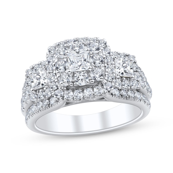 Princess & Round-Cut Diamond Three-Stone Halo Engagement Ring 2 ct tw 14K White Gold