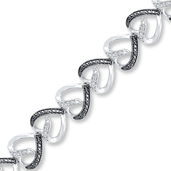 Black & White Diamond Accent Heart Bracelet Sterling Silver 7.5"