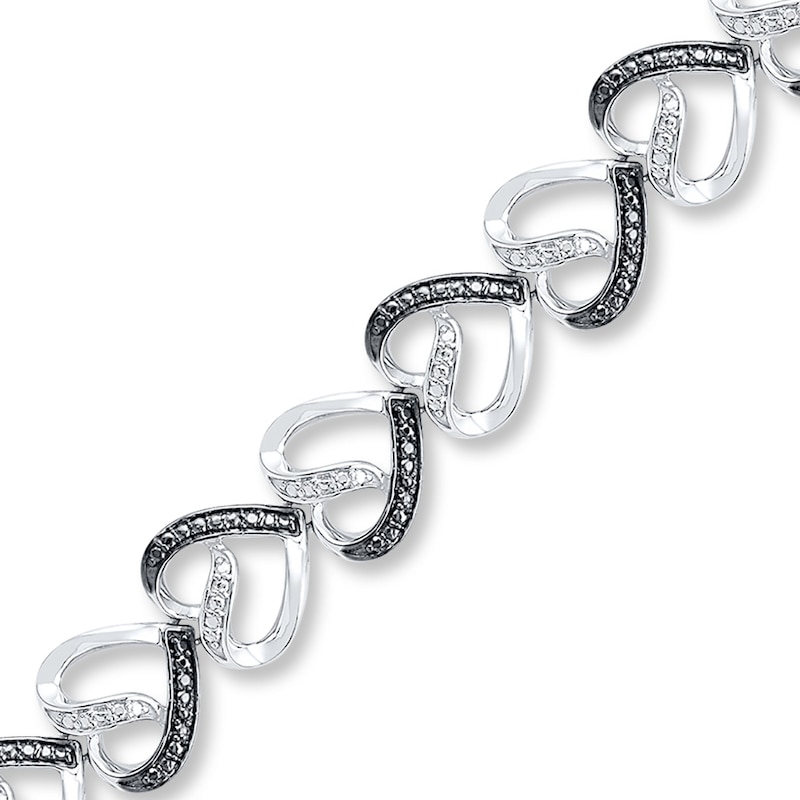 Main Image 1 of Heart Bracelet Black/White Diamonds Sterling Silver