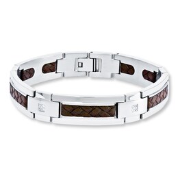 Men's Bracelet 1/10 ct tw Diamonds Stainless Steel/Leather