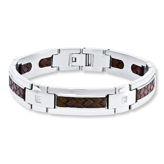 Men's Bracelet 1/10 ct tw Diamonds Stainless Steel/Leather