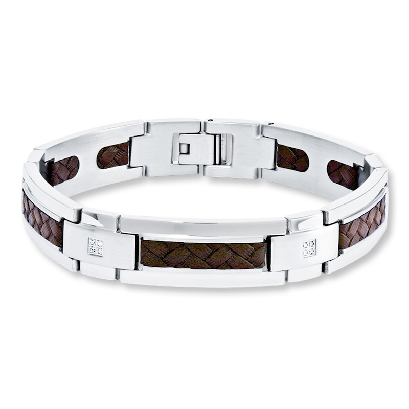 Main Image 1 of Men's Bracelet 1/10 ct tw Diamonds Stainless Steel/Leather
