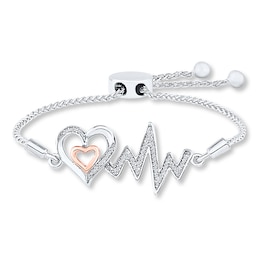 Heart Bolo Bracelet 1/8 ct tw Diamonds Sterling Silver & 10K Rose Gold 9.5"
