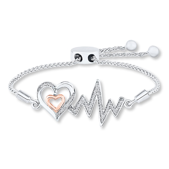Heart Bolo Bracelet 1/8 ct tw Diamonds Sterling Silver & 10K Rose Gold 9.5"