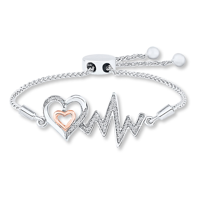 Main Image 1 of Heart Bolo Bracelet 1/8 ct tw Diamonds Sterling Silver & 10K Rose Gold 9.5&quot;