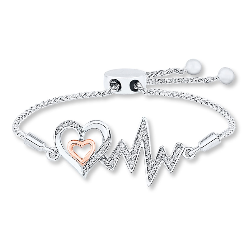 Heart Bolo Bracelet 1/8 ct tw Diamonds Sterling Silver & 10K Rose Gold 9.5"