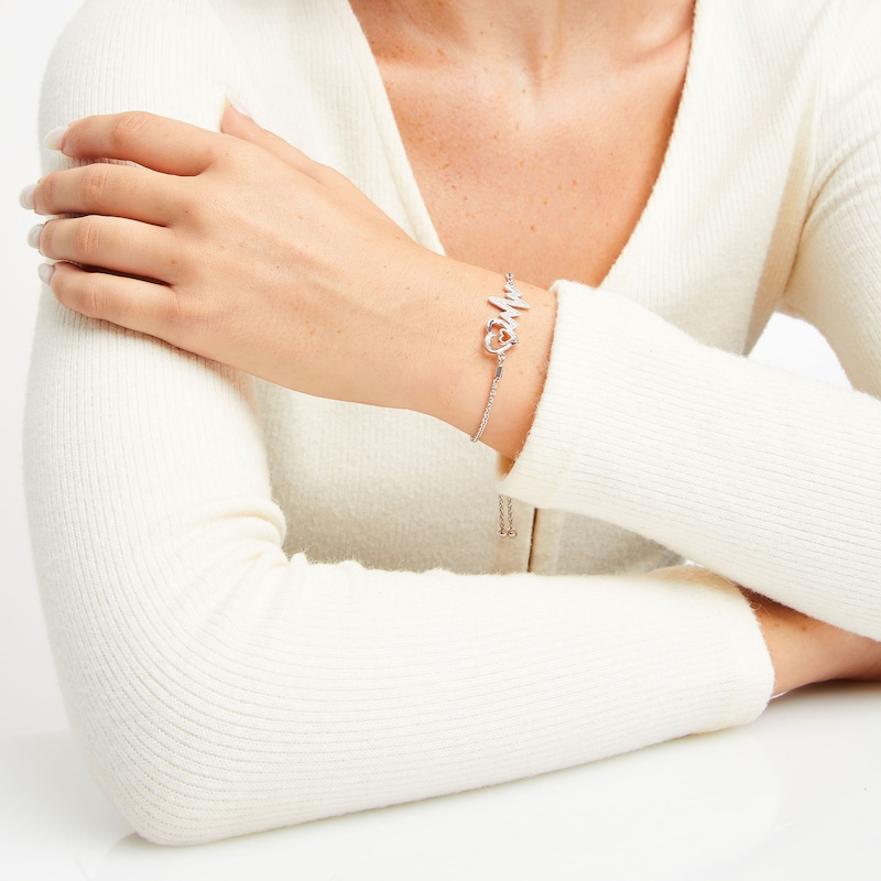 Main Image 2 of Heart Bolo Bracelet 1/8 ct tw Diamonds Sterling Silver & 10K Rose Gold 9.5&quot;
