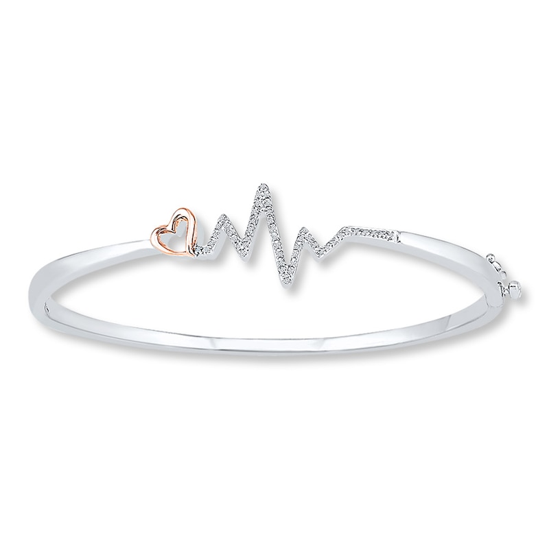 Heartbeat Bangle Bracelet 1/10 ct tw Diamonds Sterling Silver & 10K Rose Gold