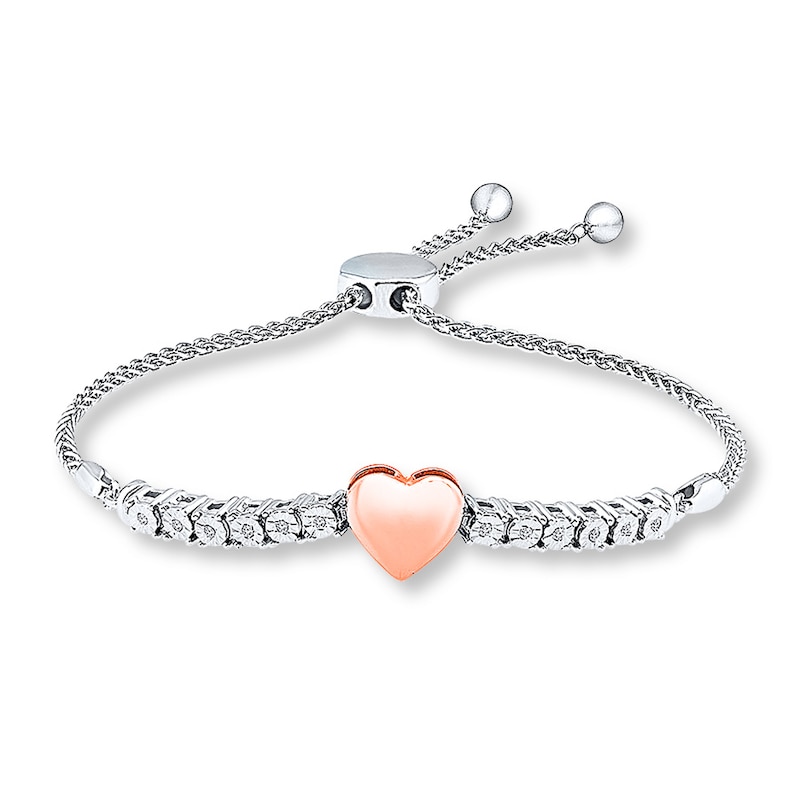 Main Image 1 of Heart Bolo Bracelet 1/20 cttw Diamonds Sterling Silver & 10K Rose Gold