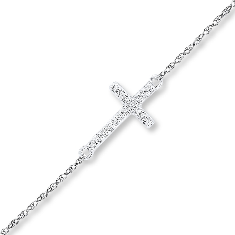 Main Image 1 of Diamond Cross Anklet 1/20 ct tw Round-cut Sterling Silver