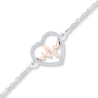 Diamond Heart & Heartbeat Anklet 1/15 ct tw Sterling Silver & 10K Rose Gold 9"