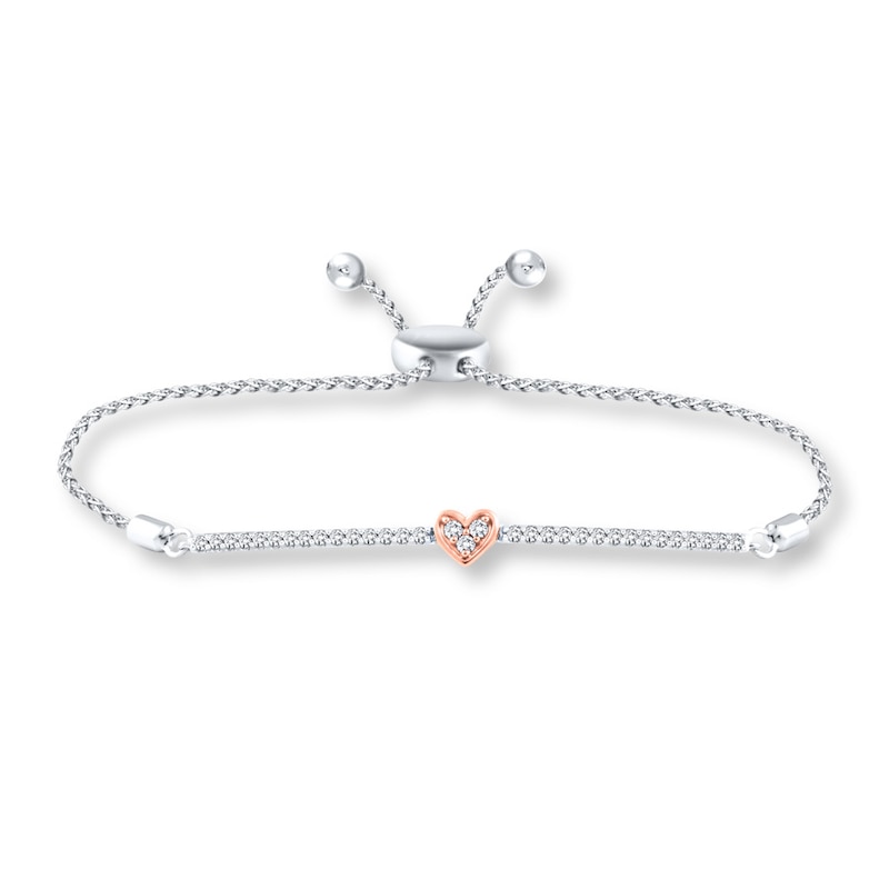 Main Image 1 of Heart Bolo Bracelet 1/4 ct tw Diamonds Sterling Silver & 10K Rose Gold 9.5&quot;