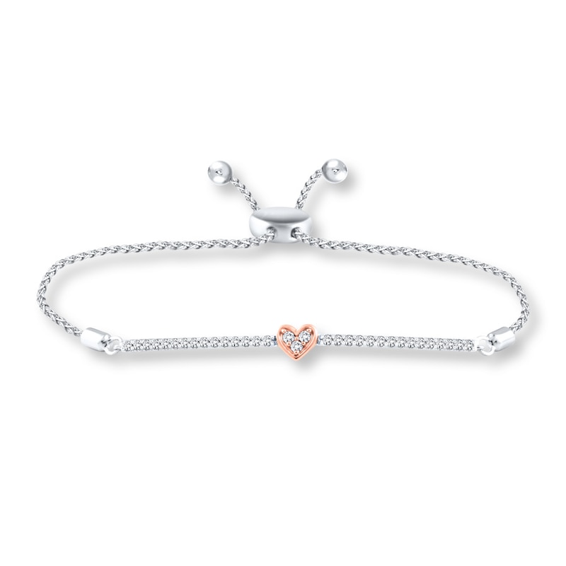 Heart Bolo Bracelet 1/4 ct tw Diamonds Sterling Silver & 10K Rose Gold 9.5"