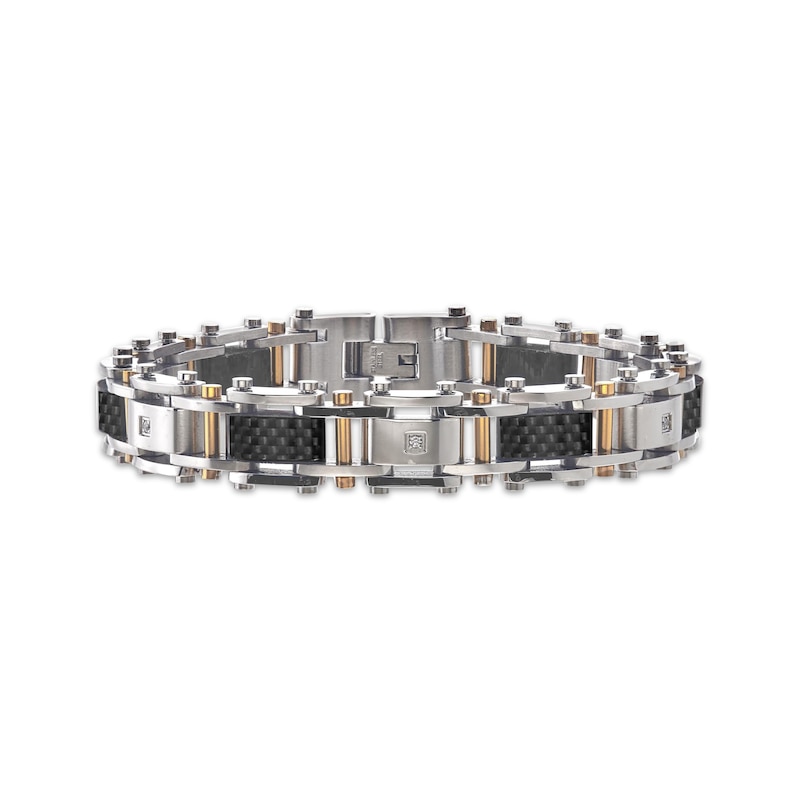 Main Image 1 of Men's Diamond Bracelet Stainless Steel & Black Carbon Fiber 8.5&quot;