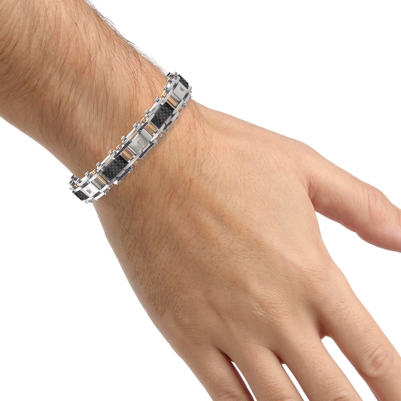 Main Image 4 of Men's Diamond Bracelet Stainless Steel & Black Carbon Fiber 8.5&quot;