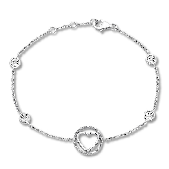 Diamond Heart Bracelet 1/10 ct tw Round-cut Sterling Silver 7.5"