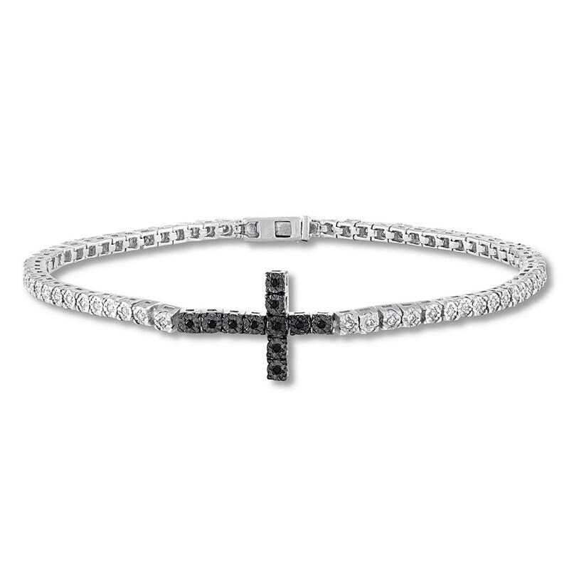 Black & White Diamond Cross Bracelet 1/2 ct tw Sterling Silver 7.5"