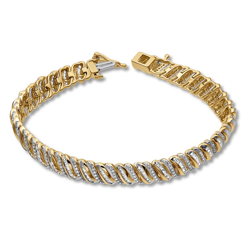 Diamond Bracelet 2 ct tw Round & Baguette 10K Yellow Gold 7"