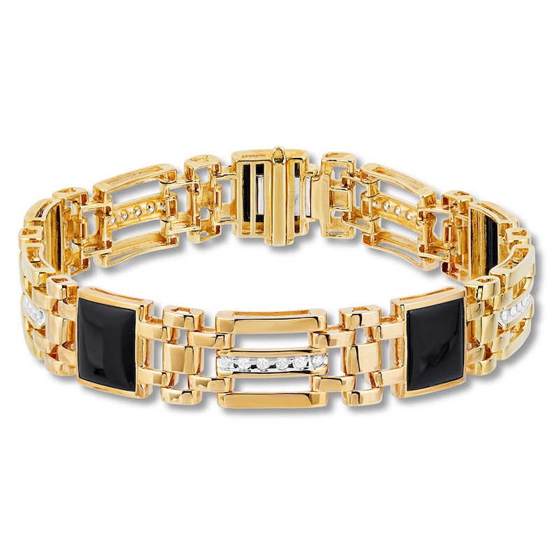 Main Image 1 of Men's Black Onyx Bracelet 1/2 ct tw Diamonds 10K Yellow Gold 8.5&quot;