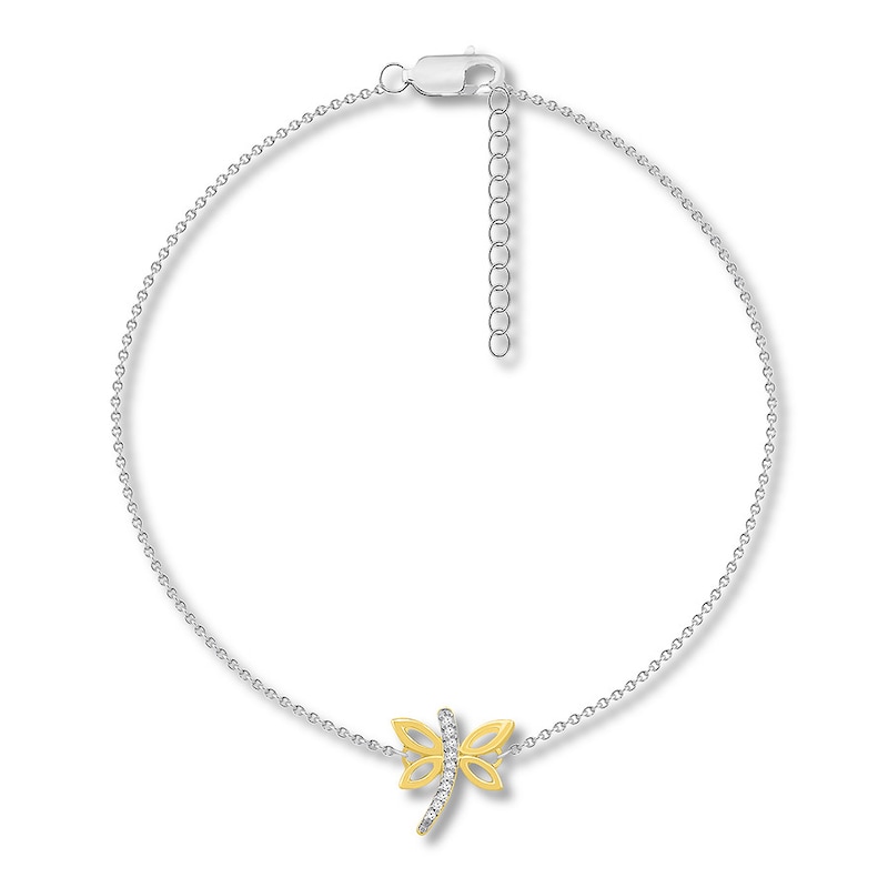 Dragonfly Anklet with Diamonds Sterling Silver & 10K Yellow Gold 10"