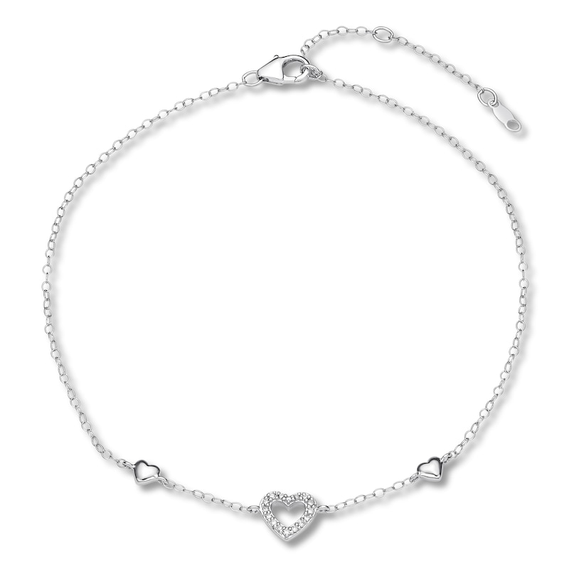 Main Image 1 of Diamond Heart Anklet 1/15 ct tw Round-cut Sterling Silver