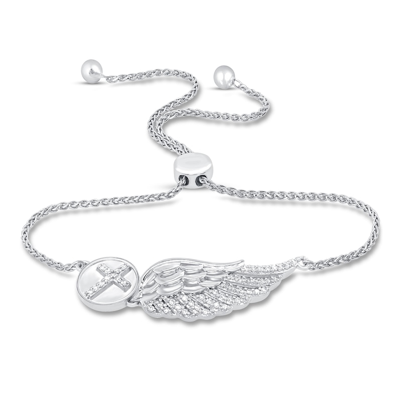 Main Image 1 of Diamond Cross/Wing Bolo Bracelet 1/5 ct tw 10K White Gold 9.5&quot;