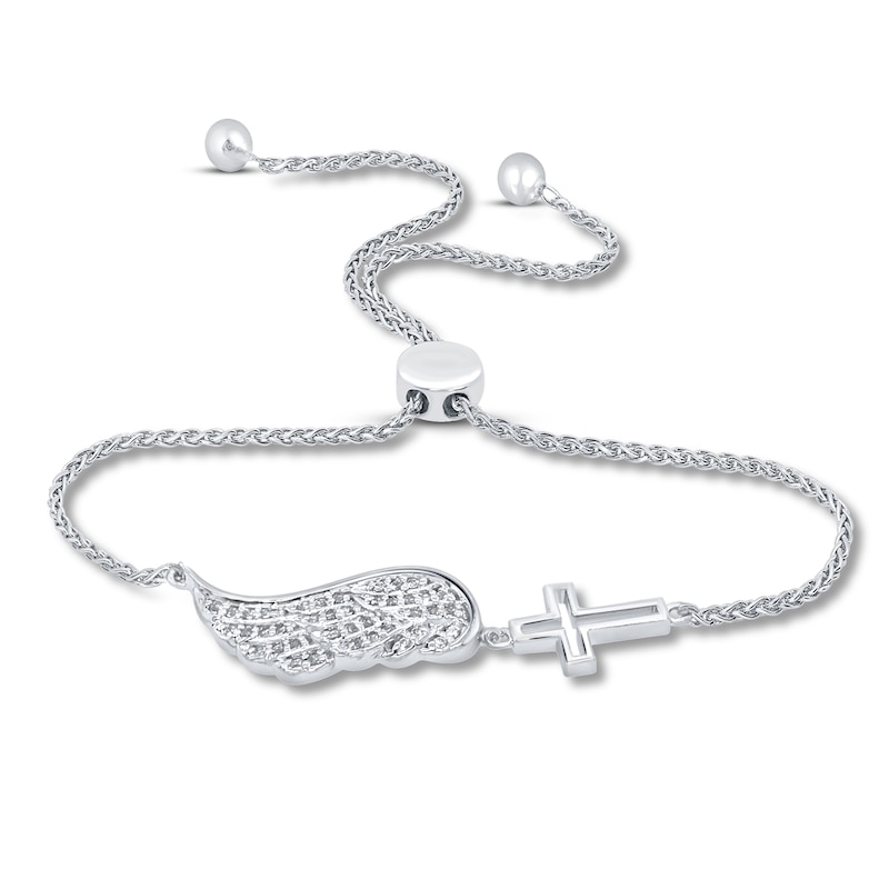 Main Image 1 of Diamond Angel Wing & Cross Bolo Bracelet 1/5 ct tw Sterling Silver