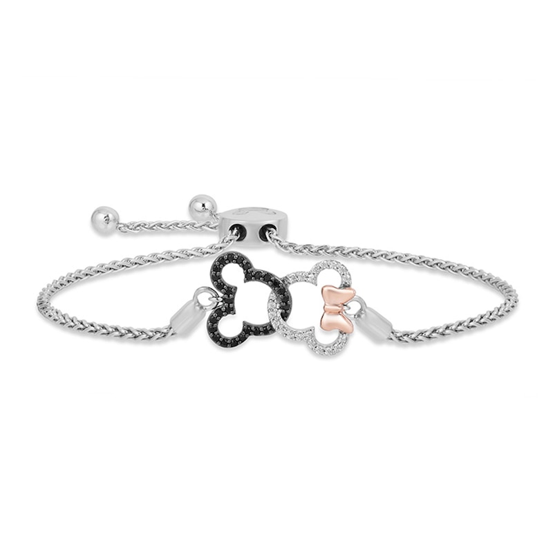 Disney Treasures Mickey & Minnie Diamond Bolo Bracelet 1/5 ct tw Sterling Silver/10K Rose Gold 9.5"